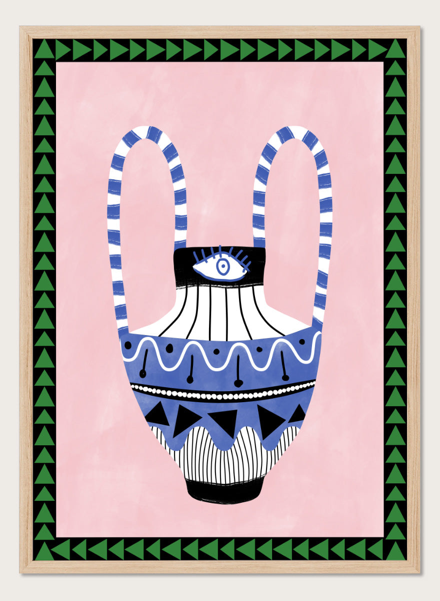 Shop Folk Art Eye Vase by Elena Ristova, a colorful folk-inspired wall art print poster featuring an eye motif, patterned vase, pink background, and green border.