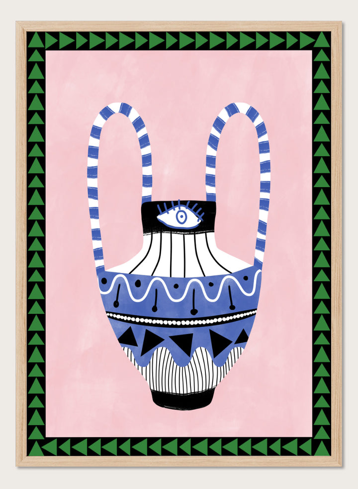 Shop Folk Art Eye Vase by Elena Ristova, a colorful folk-inspired wall art print poster featuring an eye motif, patterned vase, pink background, and green border.