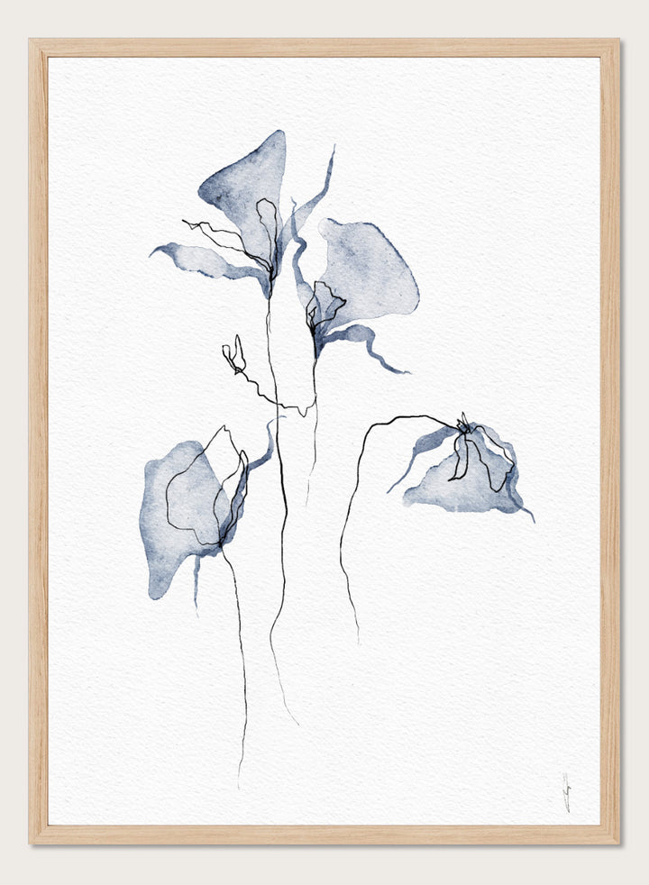 Abstract watercolor painting of three blue-gray calla lilies with fine black line details on a white textured background. Shop Ethereal Blue Flowers by Ankie Kooi, a floral wall art print poster with abstract watercolor flowers, botanical line art, blue, cream, and black.