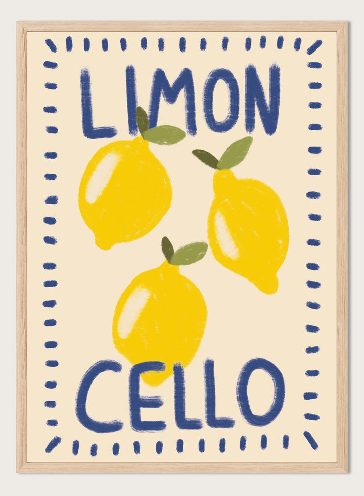An art print featuring three yellow lemons with green leaves on a cream background, framed by a blue dotted border. The words &