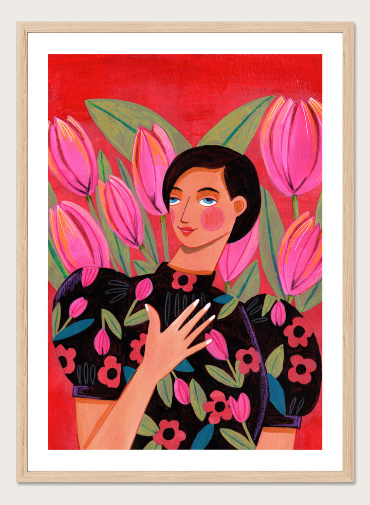 Illustration of a woman with floral dress and pink tulips on a red background. Woman portrait art print surrounded by pink tulips on a red background by Caroline Bonne Müller. Colorful floral illustration wall poster, officially licensed.