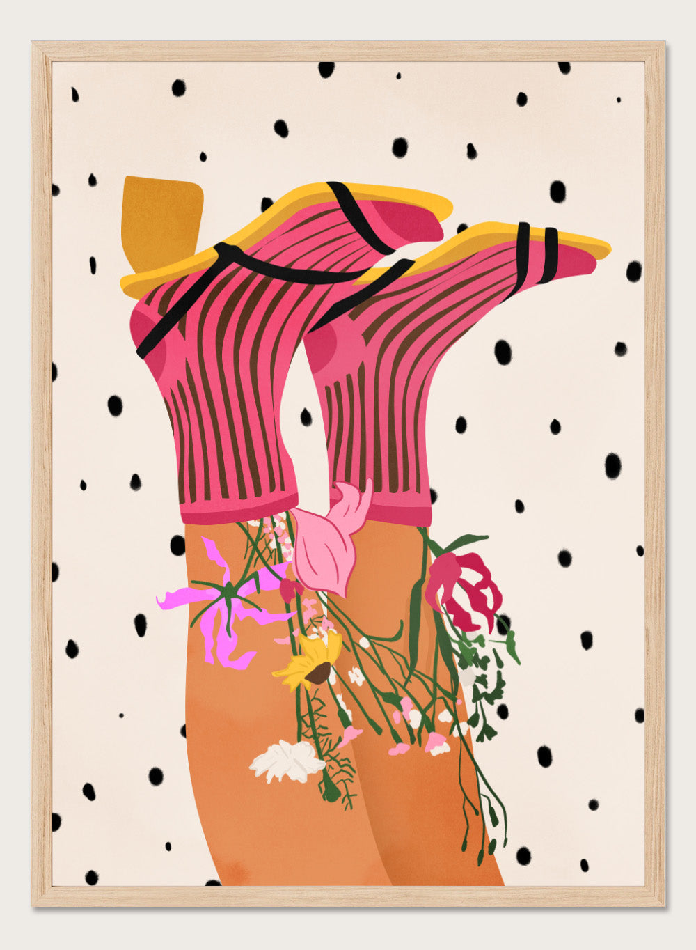 Illustration of a person wearing a pink top with floral accessories on a polka dot background. Floral Step Delight by Gauri Mokate is an officially licensed art print featuring a fashion-inspired illustration with florals, bold colors, and modern graphic style.
