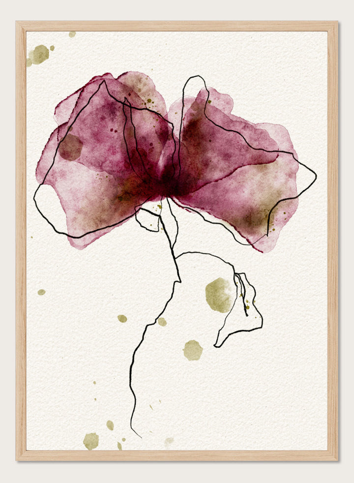 Abstract watercolor floral art print featuring a large flower with translucent mauve, burgundy, and olive-green washes outlined in black on textured off-white paper. Shop Ethereal Floral Outline by Ankie Kooi, a modern floral wall art print poster with abstract flower line art, watercolor botanicals, deep berry, and olive green.