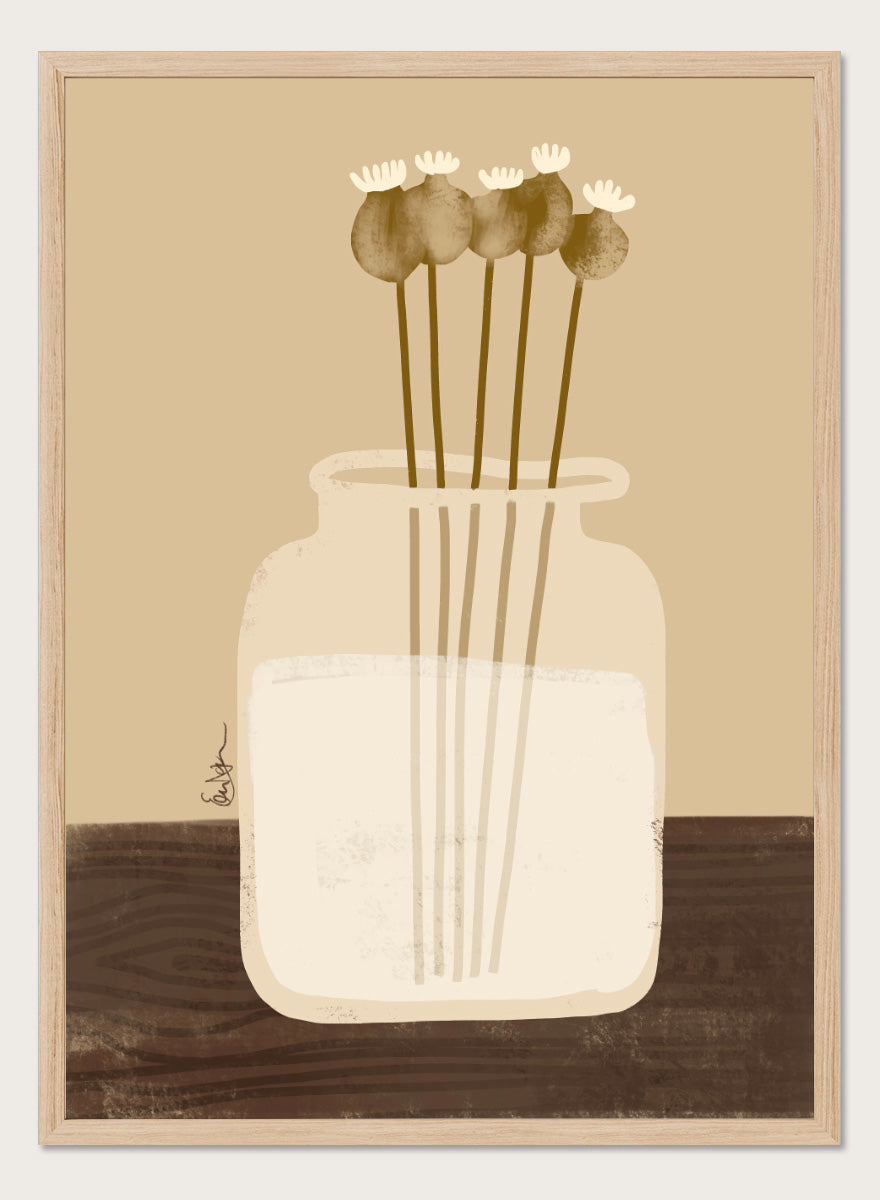 A minimalist art print depicting a clear glass jar filled with white flowers on a dark brown wooden surface against a warm beige background. Shop Rustic Poppy Still Life by Elsa Nätterdal, a botanical still life art print featuring dried poppy pods, a cream vase, and warm earthy tones.