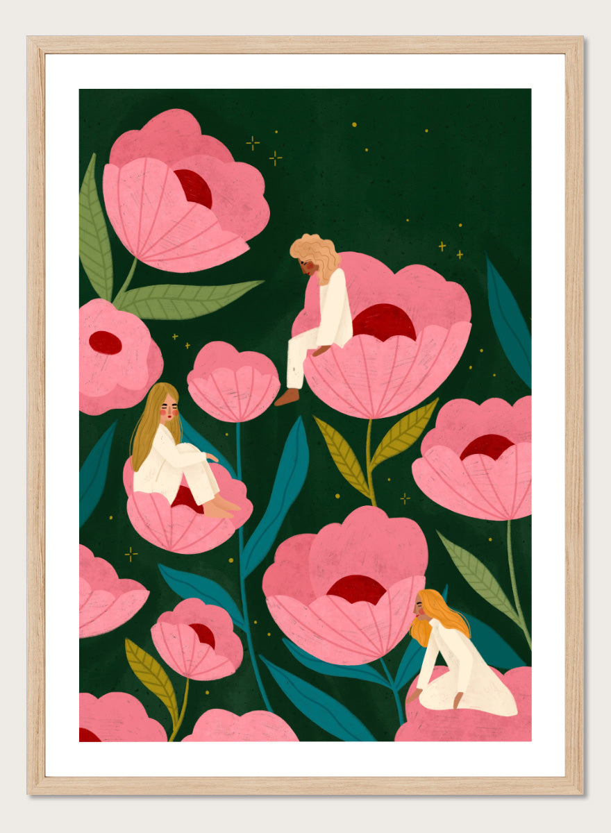 Shop Calm Women in Flowers by Bea Müller, a figurative floral wall art print poster featuring women among oversized pink flowers in a dreamy garden.
