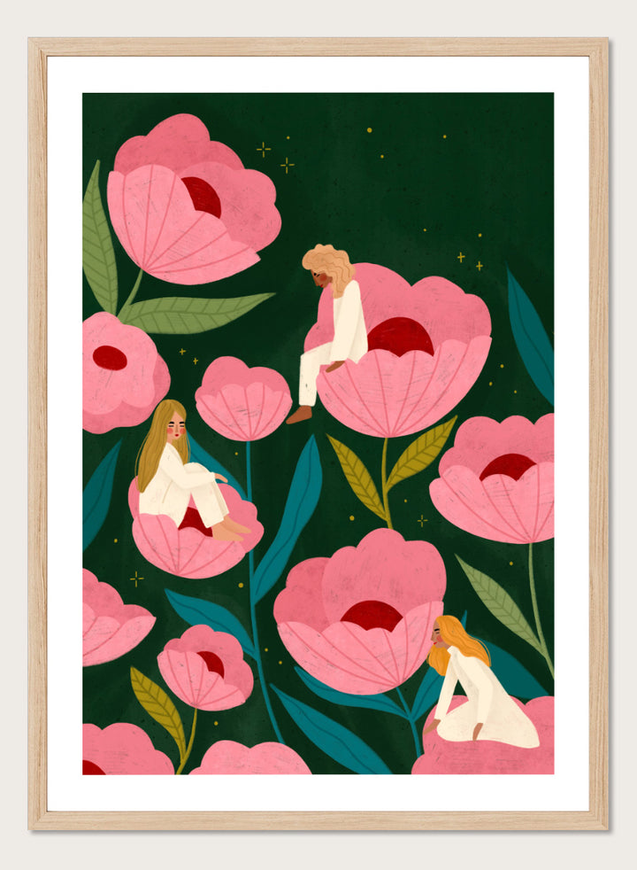 Shop Calm Women in Flowers by Bea Müller, a figurative floral wall art print poster featuring women among oversized pink flowers in a dreamy garden.