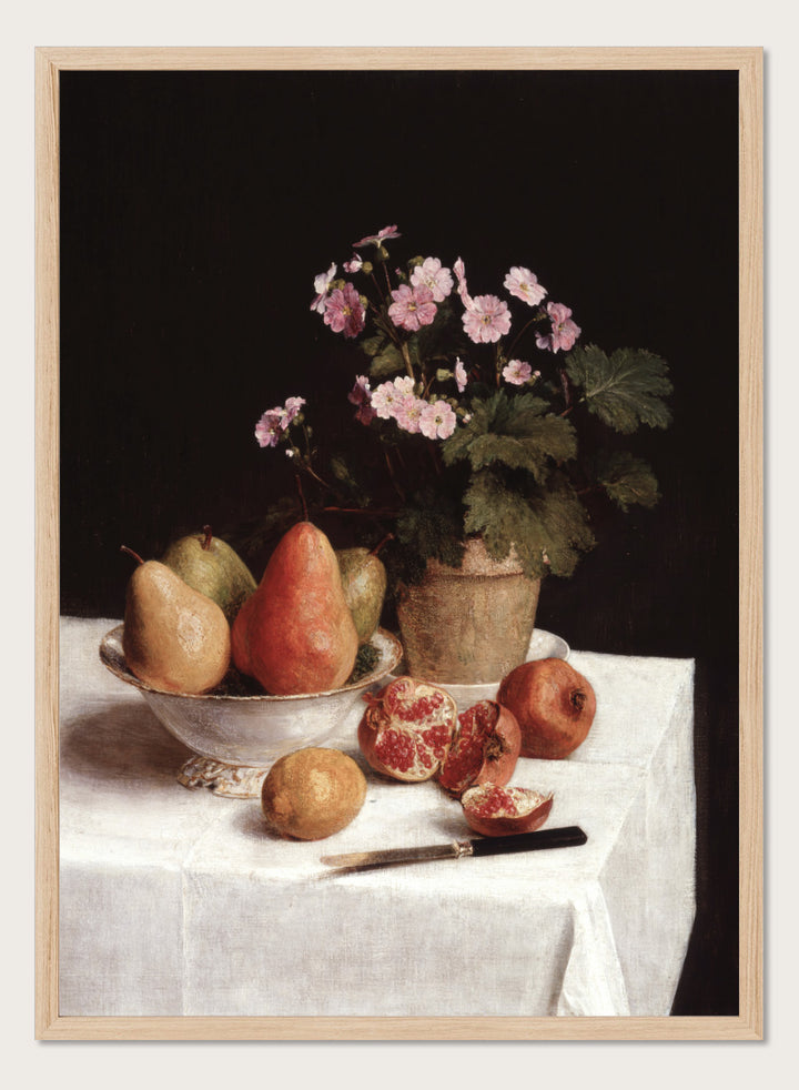 Shop Still Life with Primroses, Pears and Pomegranates by Henri Fantin-Latour, a vintage still life wall art print poster with warm brown tones.