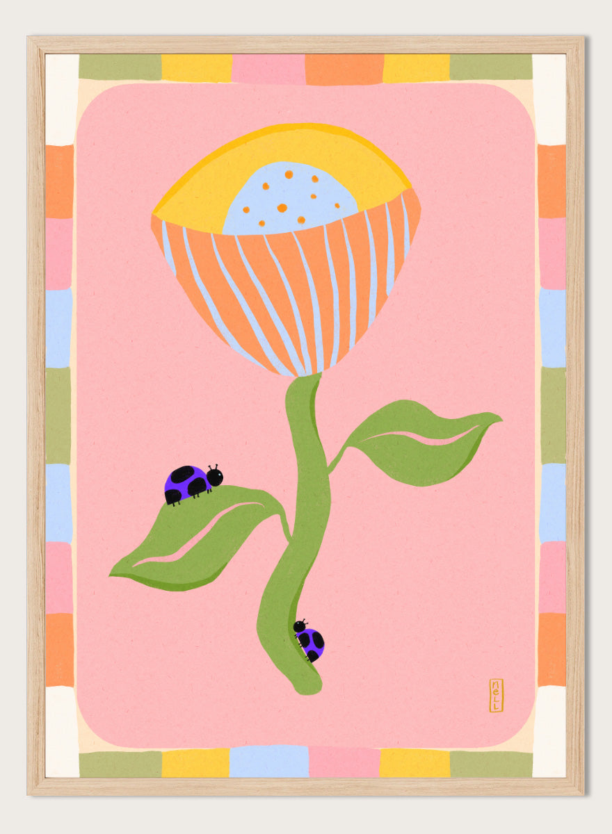 A stylized art print featuring a large flower with a yellow and orange striped bloom, green stem and leaves, and two ladybugs on a pink background with a multicolor border. Shop Pastel Flower Ladybugs by Dirkie Nell, a playful floral and insect art print featuring an oversized pastel flower, purple ladybugs, and a colorful retro border.