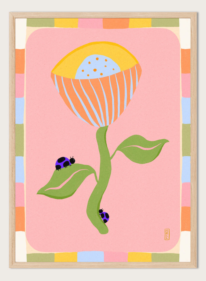 A stylized art print featuring a large flower with a yellow and orange striped bloom, green stem and leaves, and two ladybugs on a pink background with a multicolor border. Shop Pastel Flower Ladybugs by Dirkie Nell, a playful floral and insect art print featuring an oversized pastel flower, purple ladybugs, and a colorful retro border.