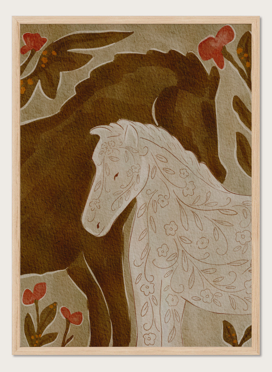 Shop Gentle Floral Horses by Nikita Jariwala, a decorative horse wall art print featuring two horses, botanical pattern, folk-inspired detail, and warm earthy tones.