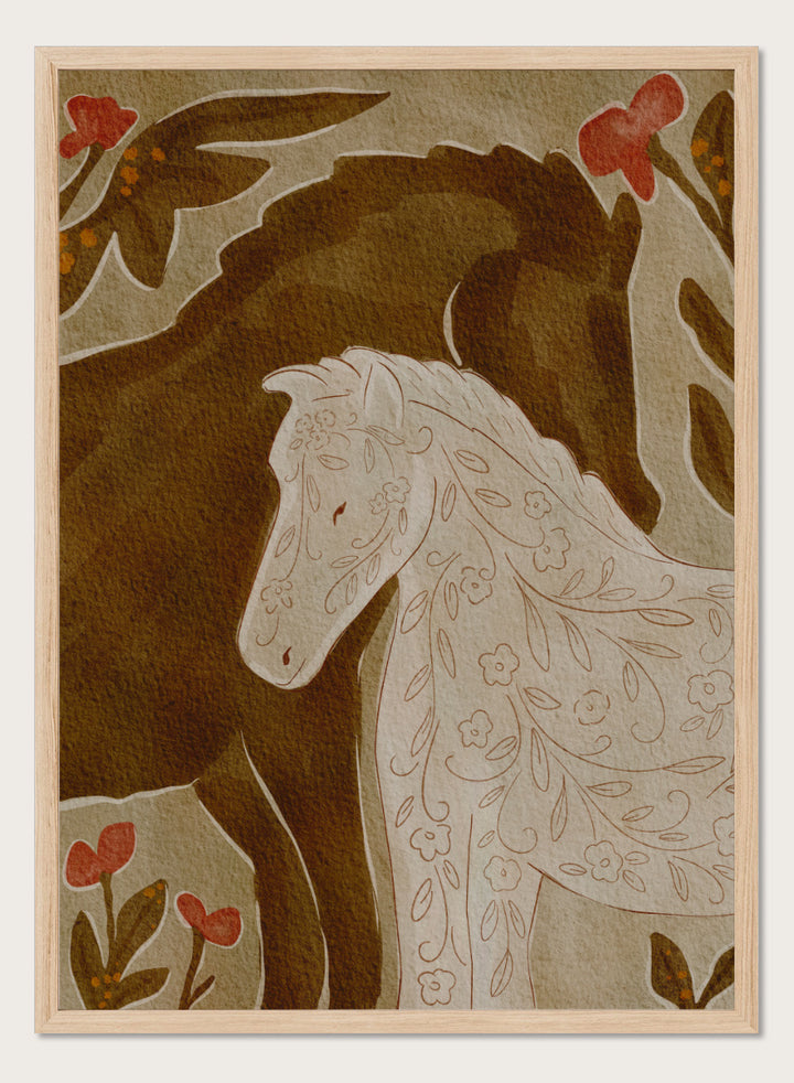 Shop Gentle Floral Horses by Nikita Jariwala, a decorative horse wall art print featuring two horses, botanical pattern, folk-inspired detail, and warm earthy tones.