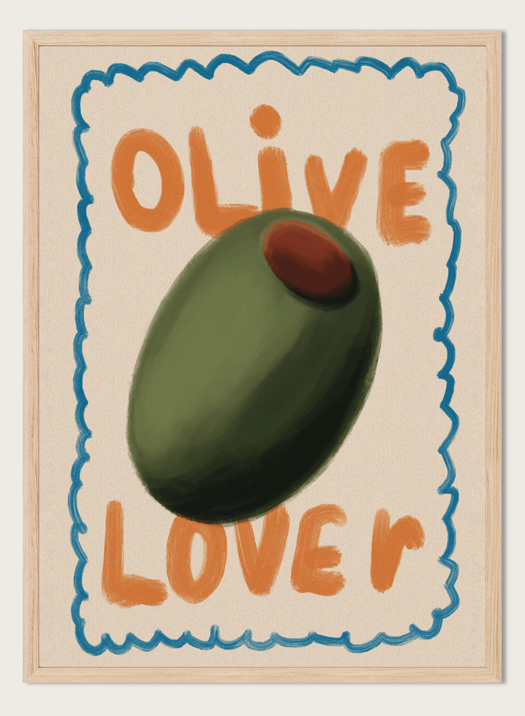 An art print featuring a stylized illustration of an olive with the words &