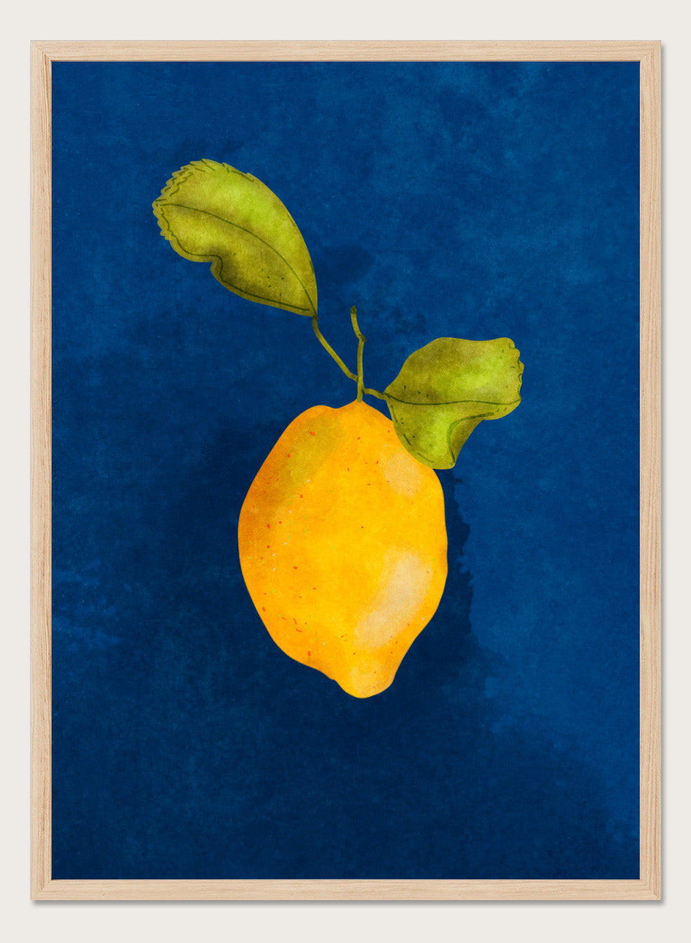 Just a Little Lemon by Raissa Oltmanns is a modern lemon art print featuring a bold yellow citrus still life on deep blue wall poster design.