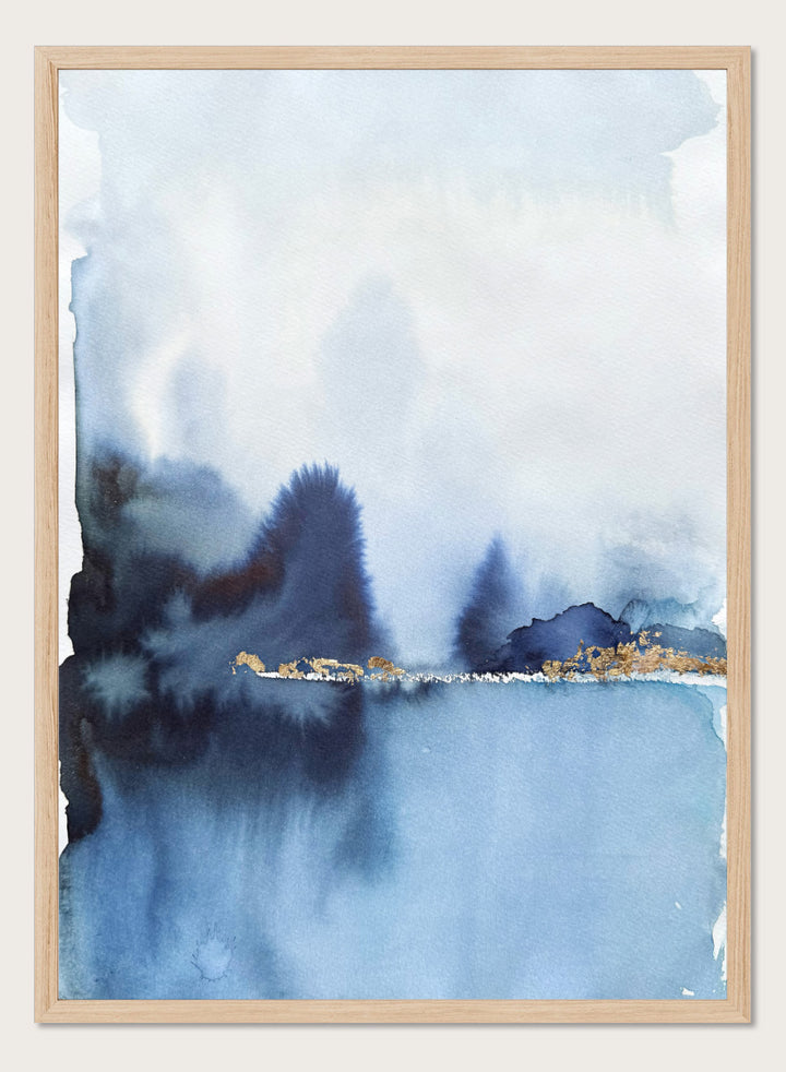 Shop Golden Horizon Blue Landscape by Helena Ryhle, a watercolor landscape wall art print poster with misty blue scenery and a striking gold horizon.