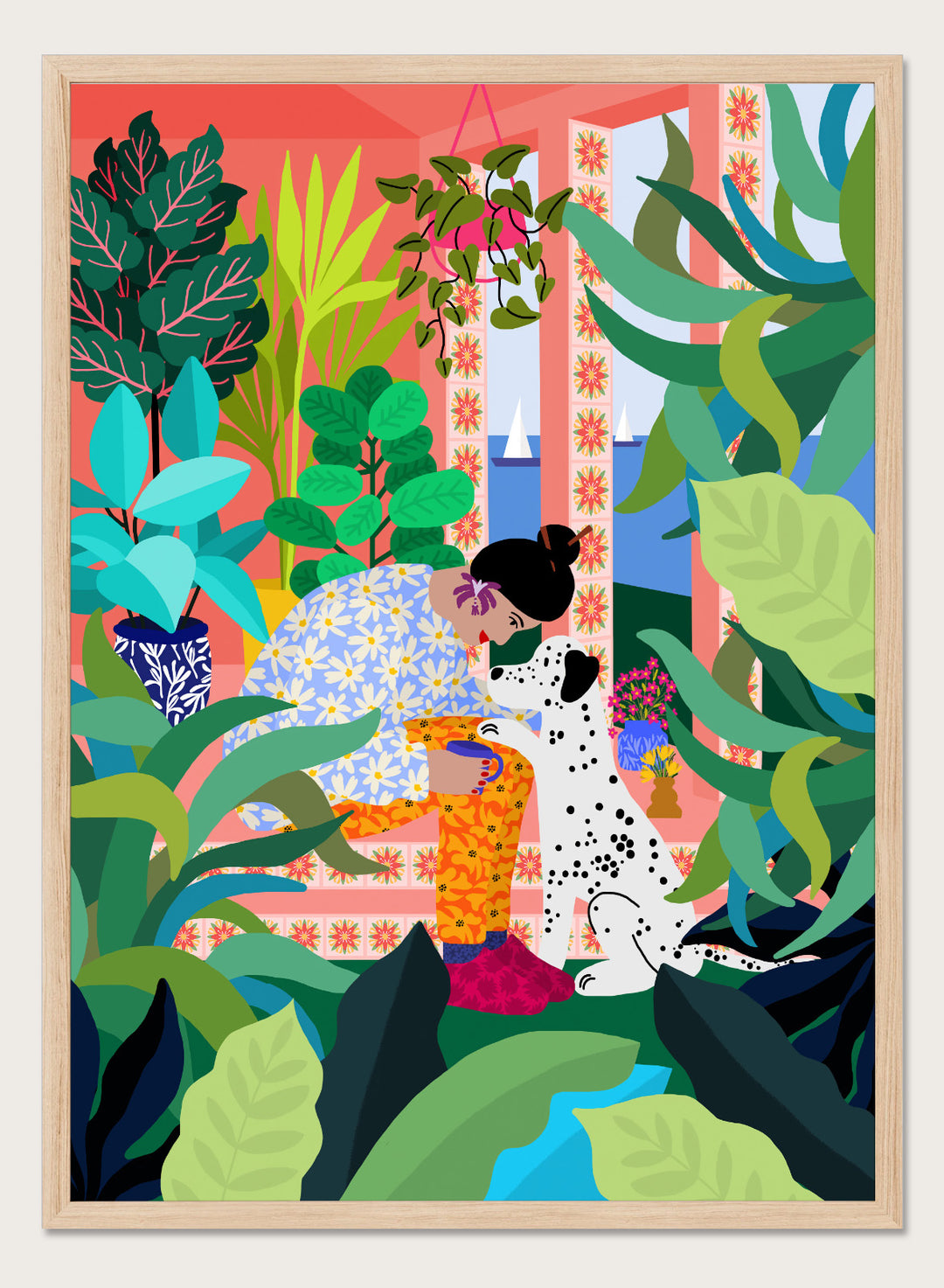 Illustration of a woman and a Dalmatian dog surrounded by plants in a colorful room. Girl with Doggie by Rafaela Mascaro fine art print featuring woman with dog in lush botanical interior, colorful modern wall art poster.