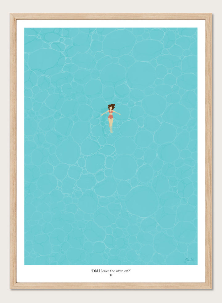 A minimalist art print featuring a small illustrated figure floating in a turquoise pool of water, with a black border and the caption &