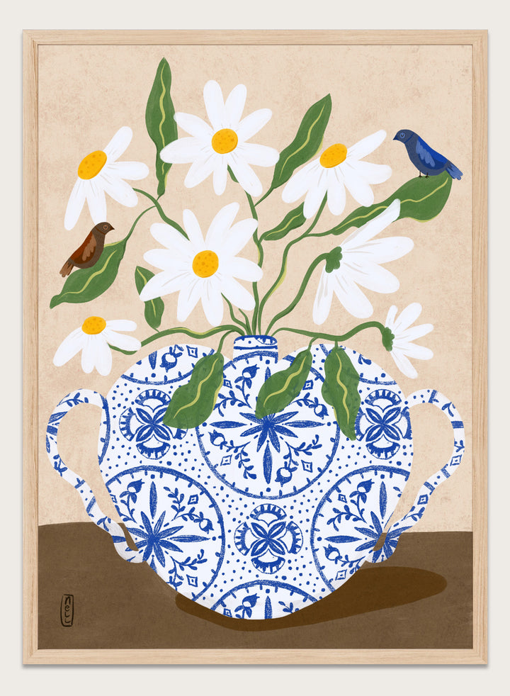Decorative illustration of a blue and white teapot with daisies and birds on a beige background. Daisies In Blue Teapot by Dirkie Nell is a floral art print featuring white daisies, blue pottery, birds, and hand painted botanical details.