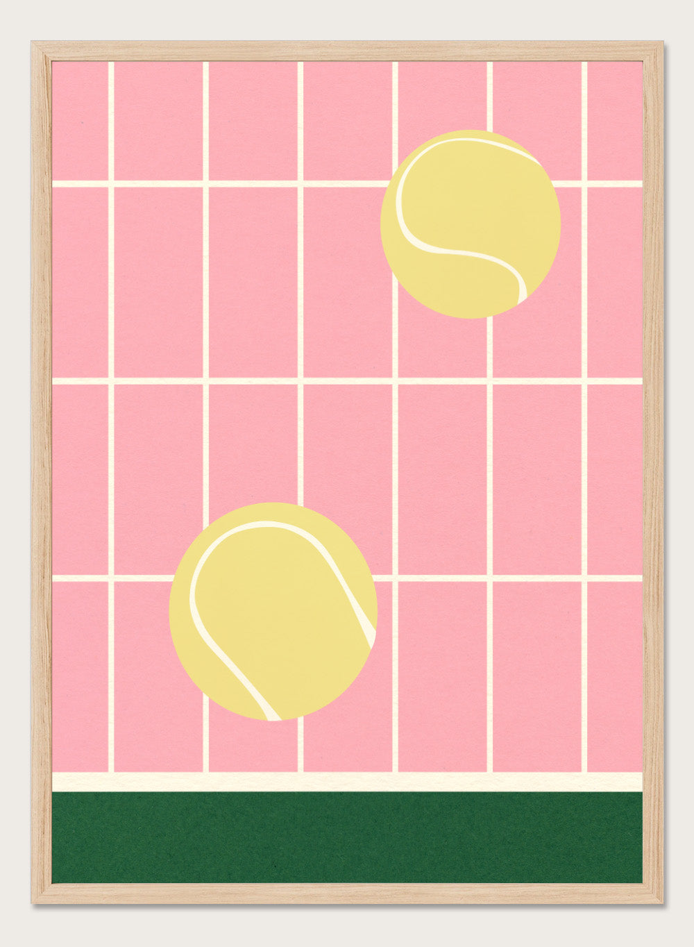 Two yellow tennis balls on a pink grid background with a green stripe at the bottom. Tennis Kitchen by Rosi Feist is a modern minimalist fine art print featuring oversized tennis balls on pink tile. Officially licensed wall poster with optional artisan framing.