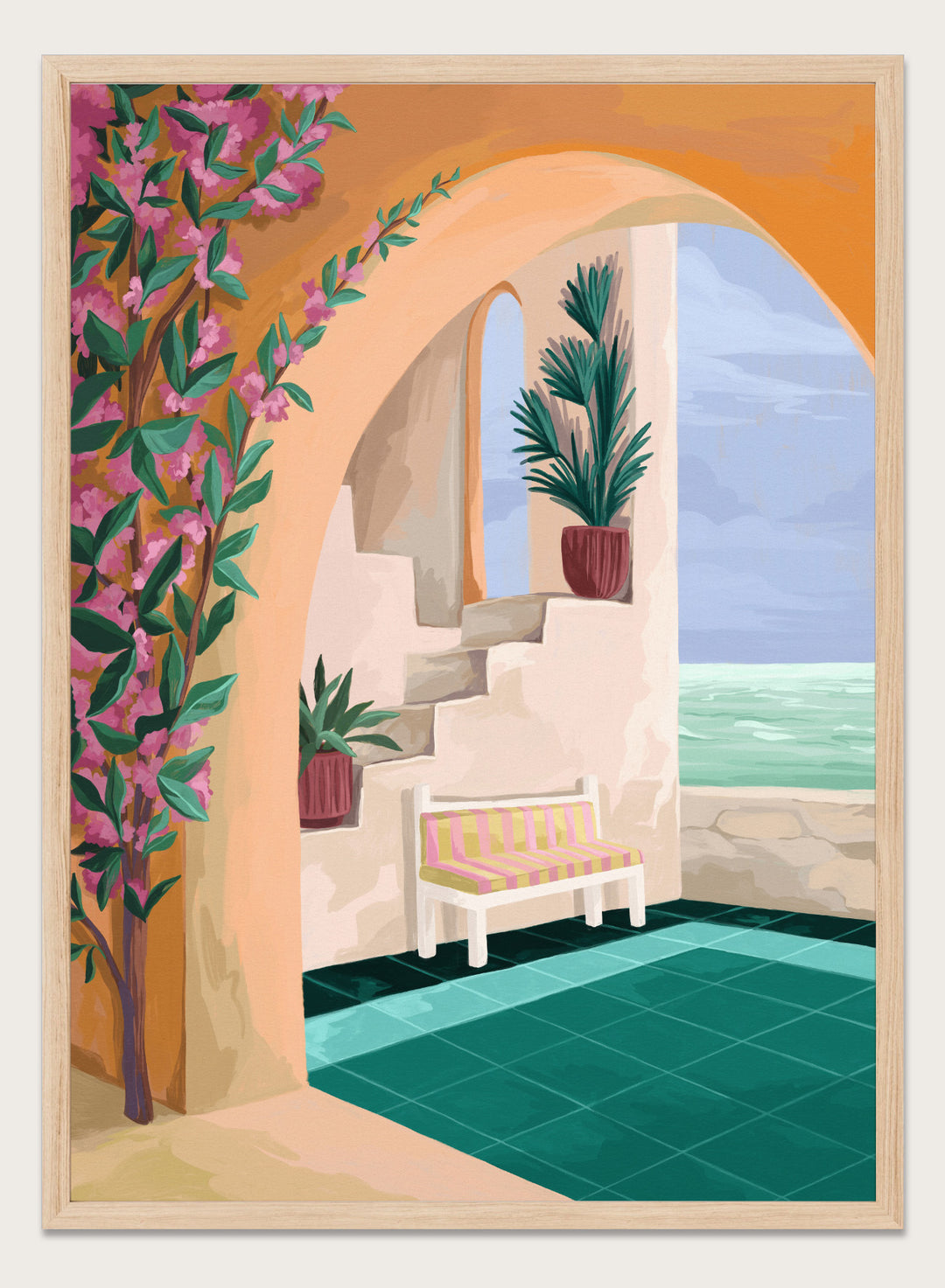 Decorative interior scene with an arch, bench, and ocean view. Bench with a View by Goed Blauw is a coastal art print and wall poster featuring an arched terrace, striped bench, and ocean view with warm tones.