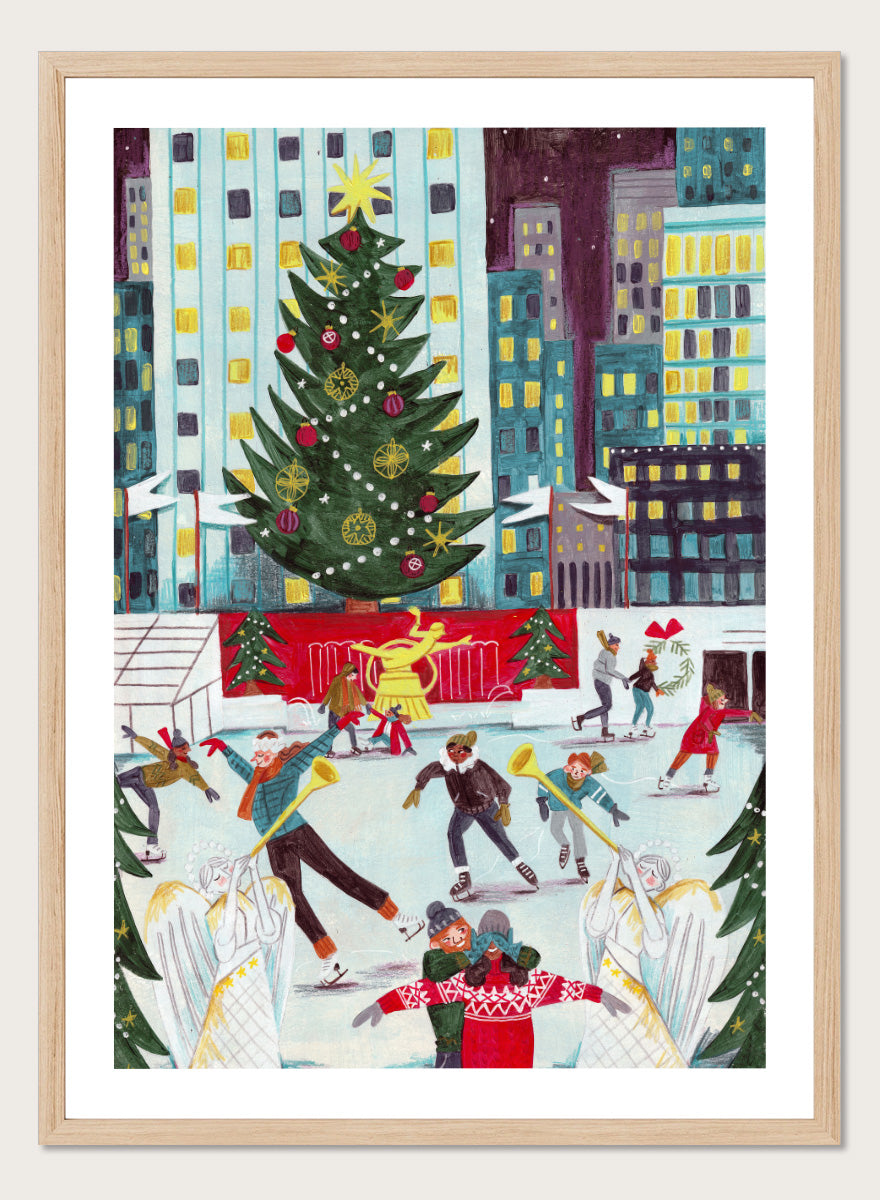 Shop Ice Skating at Rockefeller Center Christmas, a festive Christmas wall art print poster with skaters, city lights, and a New York holiday scene.
