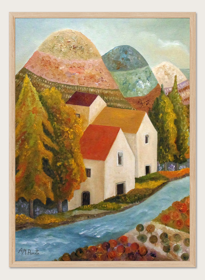 Shop Autumn Village River by Angeles M. Pomata, an autumn landscape art print featuring a blue river, white village houses, colorful trees, and rolling hills.