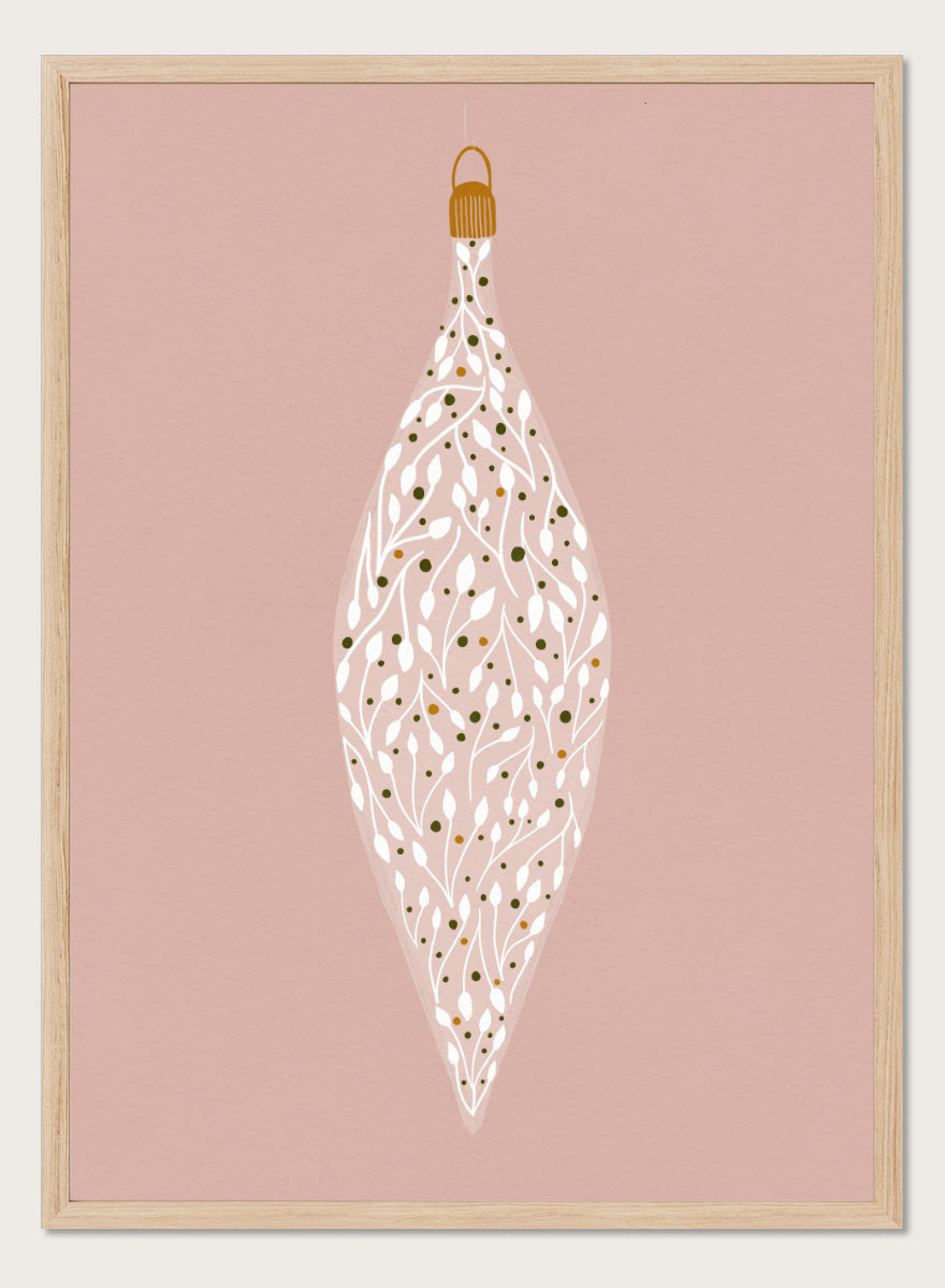 Shop Ornament On Pink by Katie O’Shea, a botanical Christmas wall art print poster featuring white leafy branches, green and gold details, and a dusty pink background.