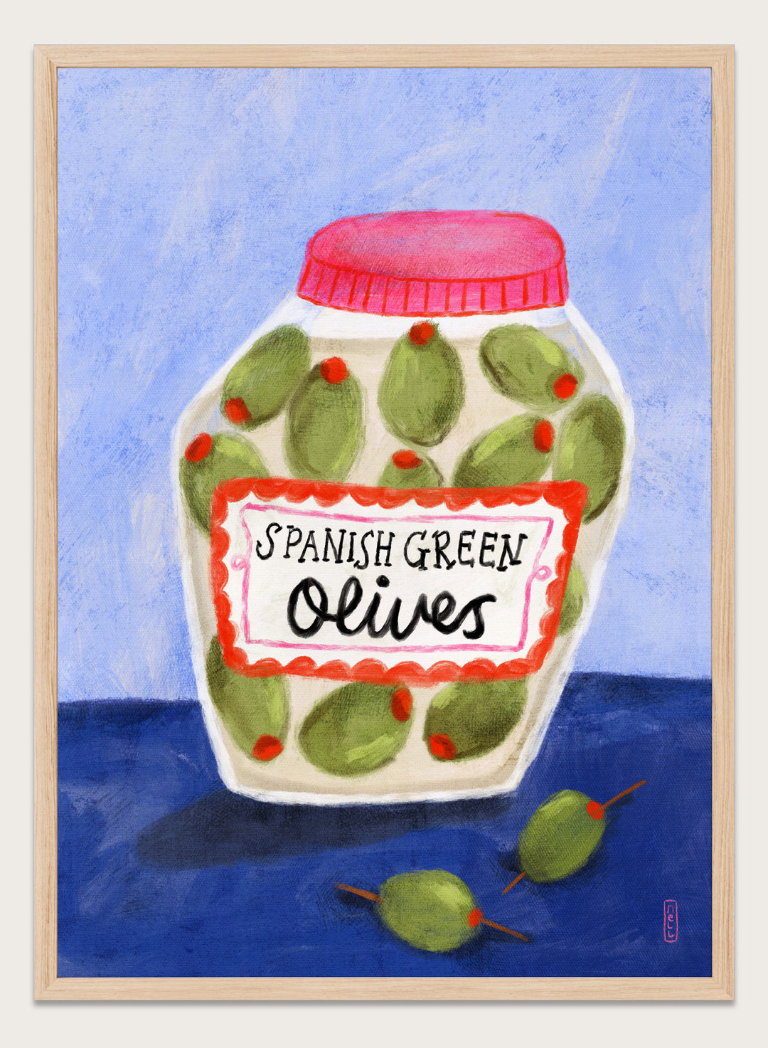 Illustration of a jar of Spanish green olives on a blue background. Spanish Green Olives Jar by Dirkie Nell is a playful food art print featuring hand painted olives, colorful kitchen details, and Mediterranean inspired design.
