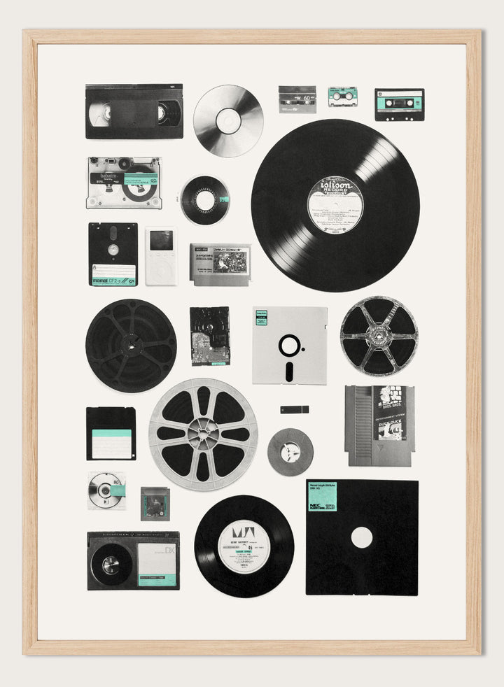 Collection of vintage audio and video equipment on a white background. Analog Digital Memories by Florent Bodart is a retro media art print featuring vinyl, cassette, and floppy disks, a modern wall poster exploring analog and digital design.