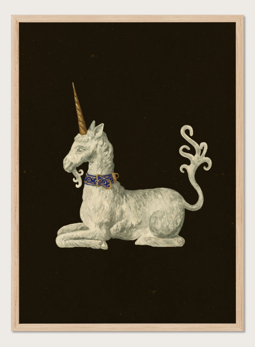Shop Regal White Unicorn by NKTN, a whimsical unicorn wall art print poster featuring a white mythical figure, golden horn, ornate blue collar, and dark background.