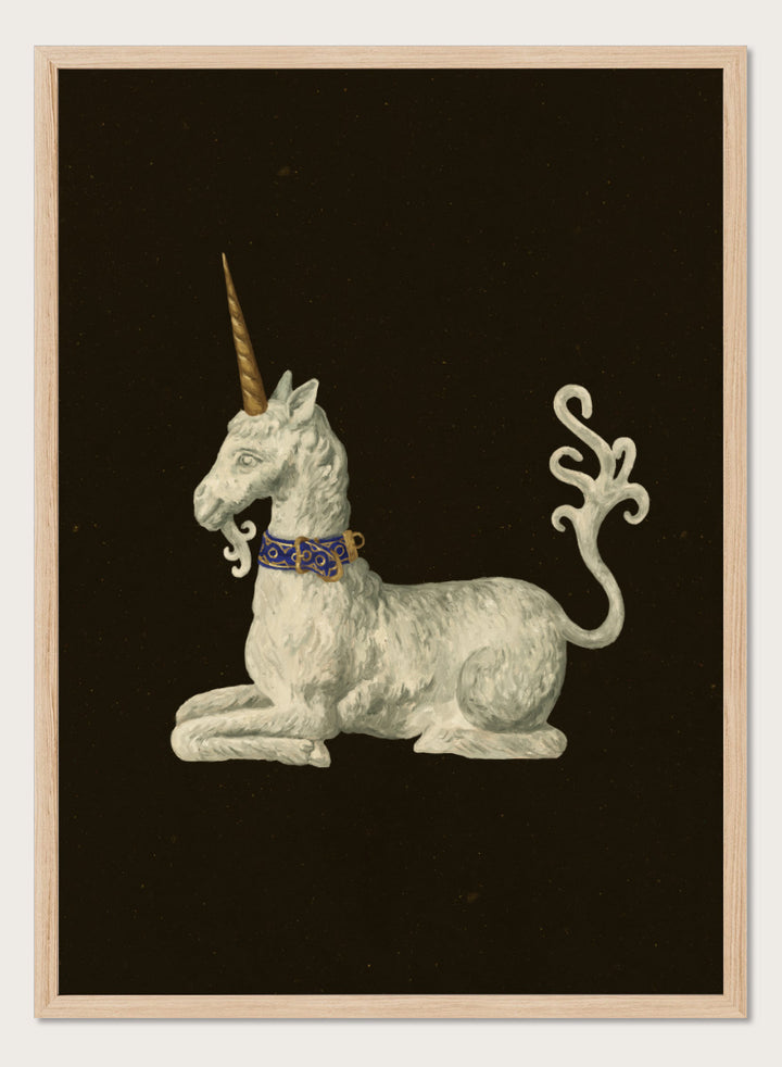 Shop Regal White Unicorn by NKTN, a whimsical unicorn wall art print poster featuring a white mythical figure, golden horn, ornate blue collar, and dark background.