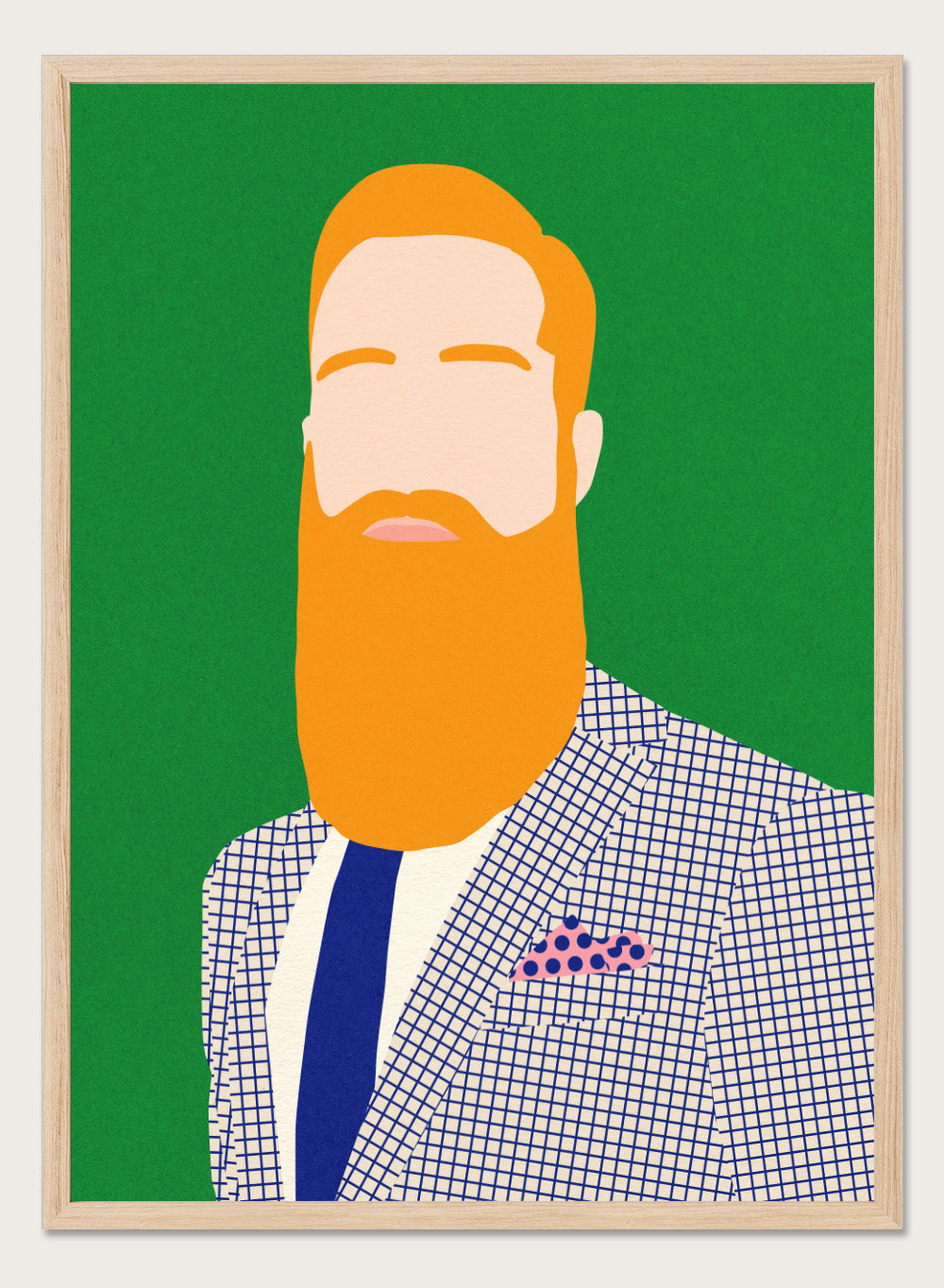 Illustration of a man with a beard wearing a checkered jacket and blue tie on a green background. Men From Barber Shop by Rosi Feist is a bold minimalist portrait art print with modern pop color, Bauhaus design, officially licensed fine art poster.