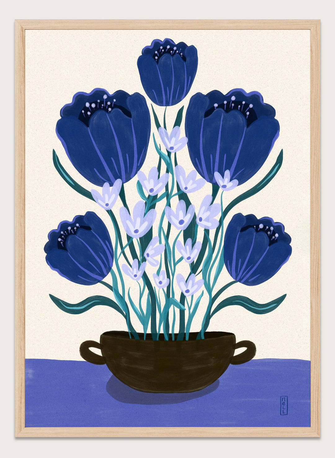 Artistic depiction of blue flowers in a black pot on a beige background. Blue Floral Arrangement by Dirkie Nell is a botanical floral art print featuring deep blue flowers, folk inspired illustration, modern wall art, and expressive hand painted details.