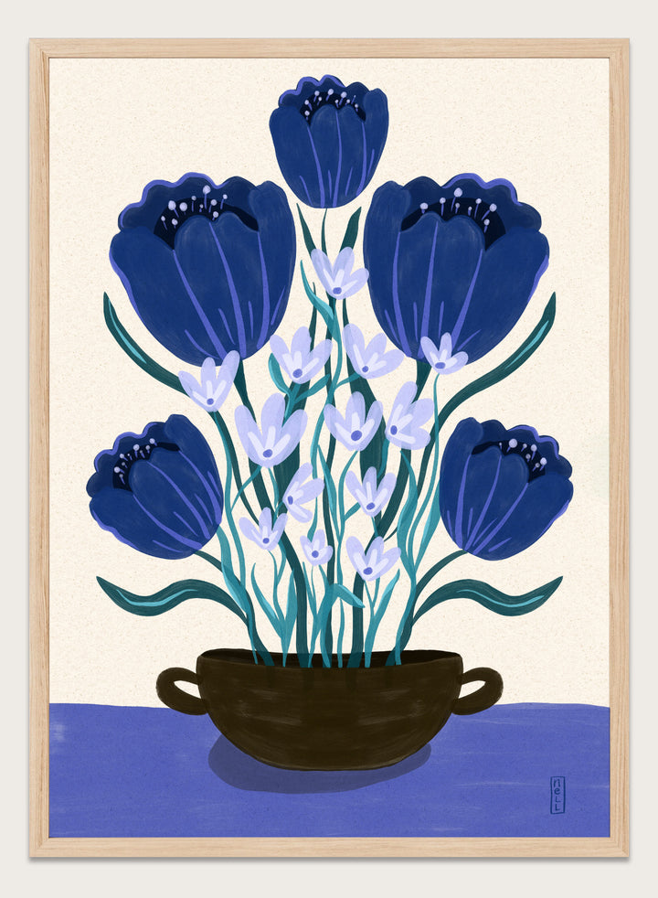 Artistic depiction of blue flowers in a black pot on a beige background. Blue Floral Arrangement by Dirkie Nell is a botanical floral art print featuring deep blue flowers, folk inspired illustration, modern wall art, and expressive hand painted details.