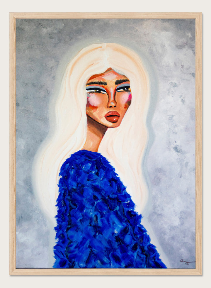 Artistic depiction of a woman with long blonde hair wearing a blue textured garment against a gray background. Elegant Blue Fashion by Amy Straley is a contemporary figurative art print featuring a feminine portrait, bold blue tones, and expressive modern artwork.