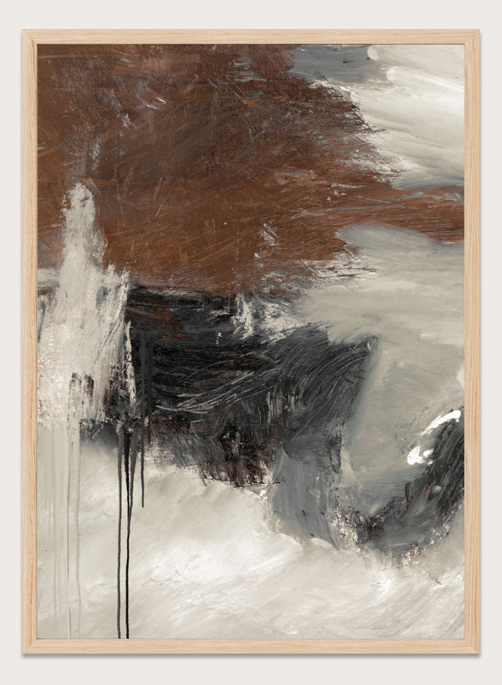 Shop Glow by Dan Hobday, a contemporary abstract art print featuring deep brown, charcoal, cream, and gray with expressive layered brush texture.