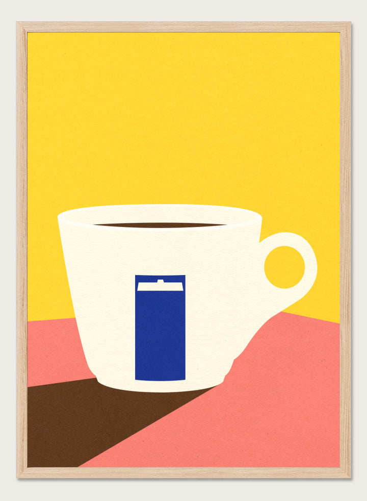 White coffee cup with a blue book design on a yellow and pink background. Tazza by Rosi Feist is a minimalist modern art print of a coffee cup in bold Bauhaus-inspired color blocks. Officially licensed fine art poster with framing.