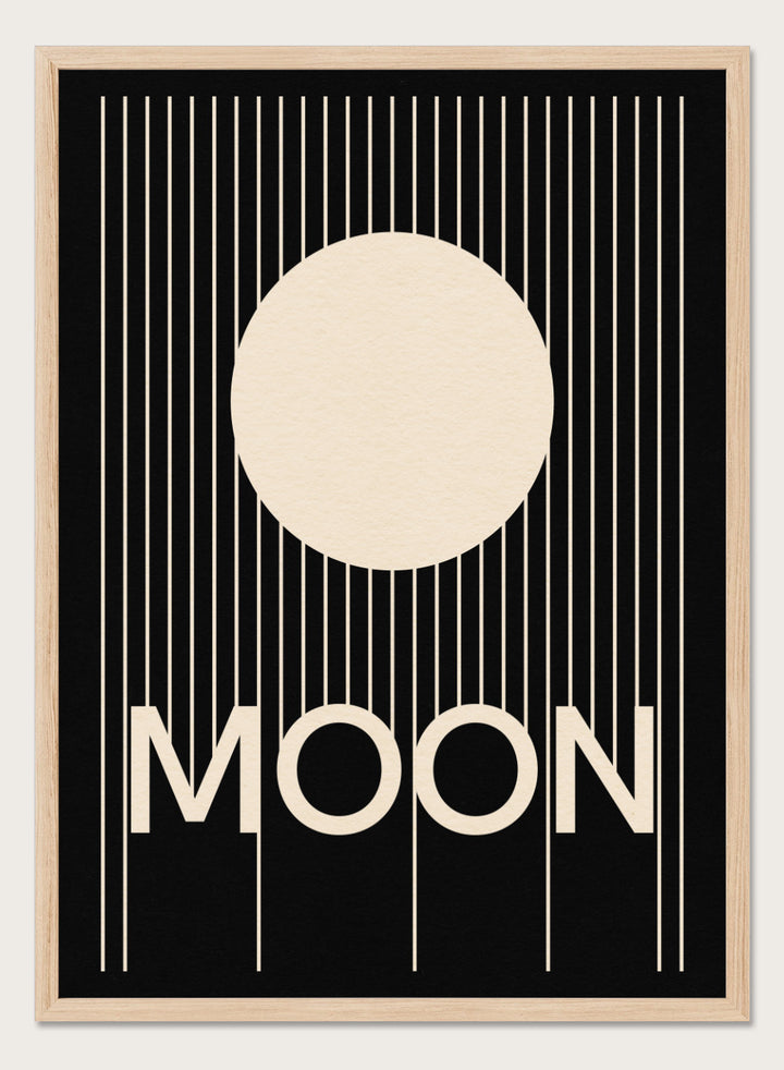 Poster with a stylized moon and the word 'MOON' on a black background. Moon by Rosi Feist is a bold minimalist Bauhaus-inspired art print with a cream circle and graphic lines. Officially licensed modern poster with framing.