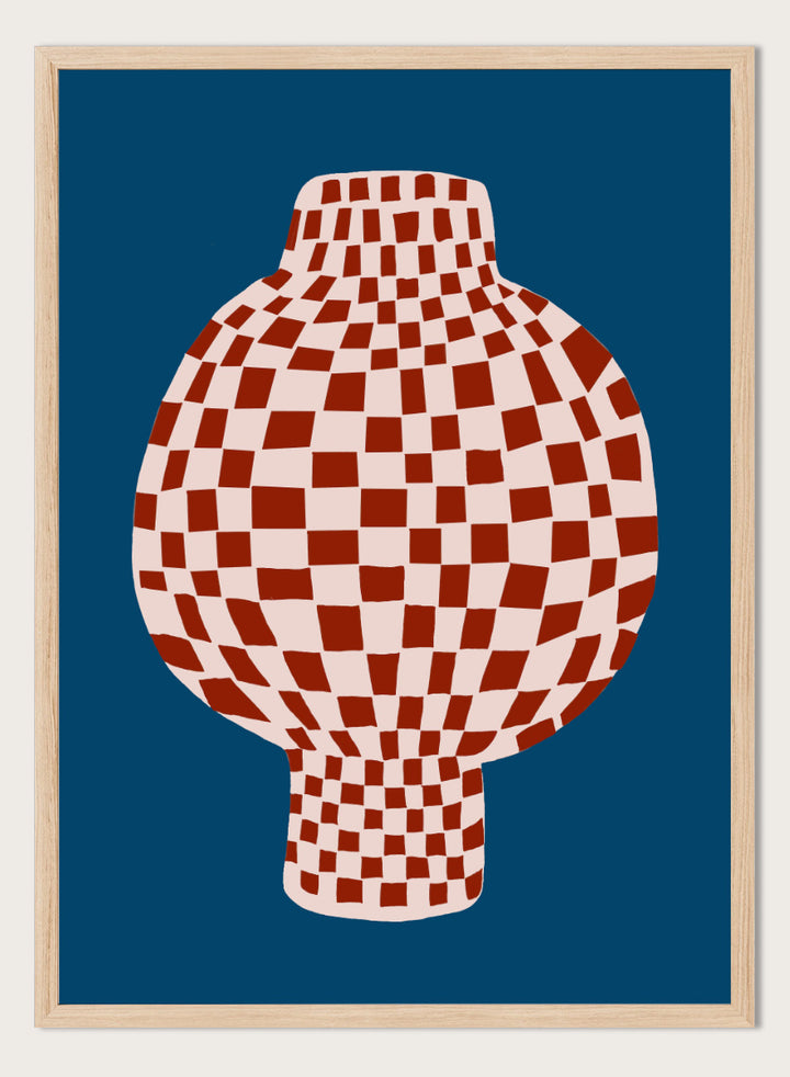 A stylized graphic illustration of a vase with a red and cream checkerboard pattern, set against a dark blue background. Optical Checkered Vase by The Art Concept is a modern still life art print featuring a red checkered vase on a deep blue background in a bold graphic style.