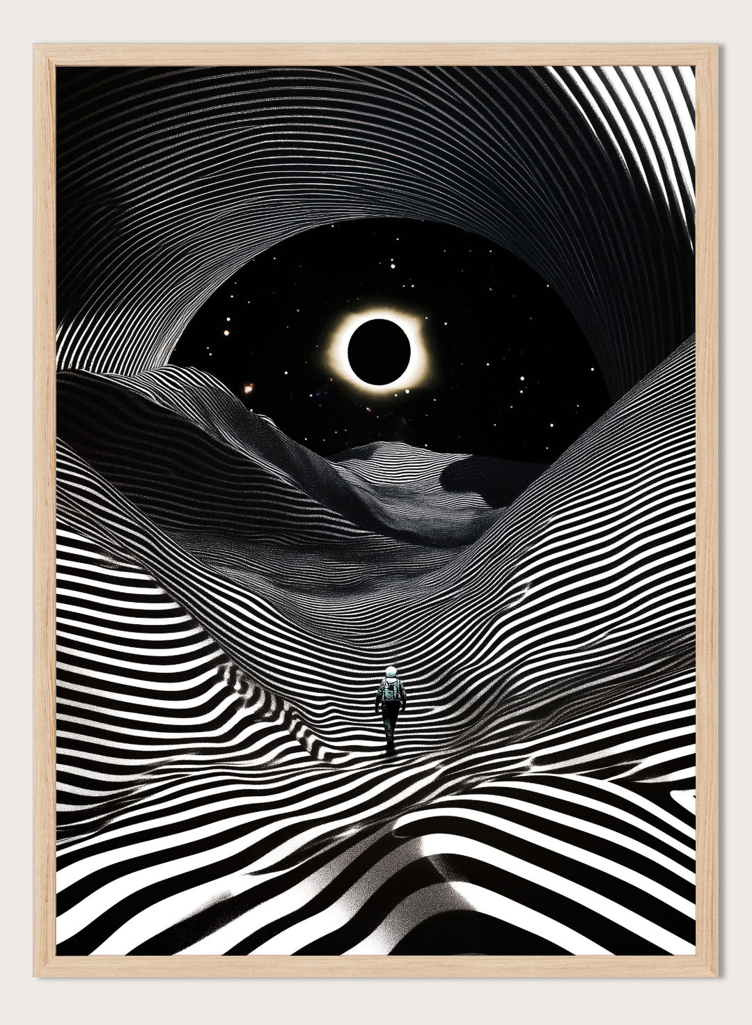 Black and white abstract design with a person standing in a tunnel-like pattern, featuring a celestial body in the center. New Adventures In Foreign Lands by Taudalpoi astronaut eclipse art print with black and white striped landscape and cosmic sky surreal poster.