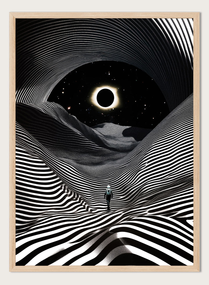 Black and white abstract design with a person standing in a tunnel-like pattern, featuring a celestial body in the center. New Adventures In Foreign Lands by Taudalpoi astronaut eclipse art print with black and white striped landscape and cosmic sky surreal poster.