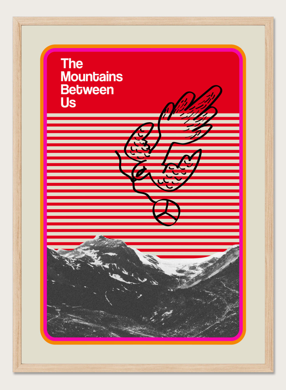 Print of 'The Mountains Between Us' with a red and white striped pattern and mountain illustration. Mountains Between Us by Frances Collett art print featuring red graphic stripes, flying dove illustration, and mountain landscape. Officially licensed modern wall poster with optional framing.