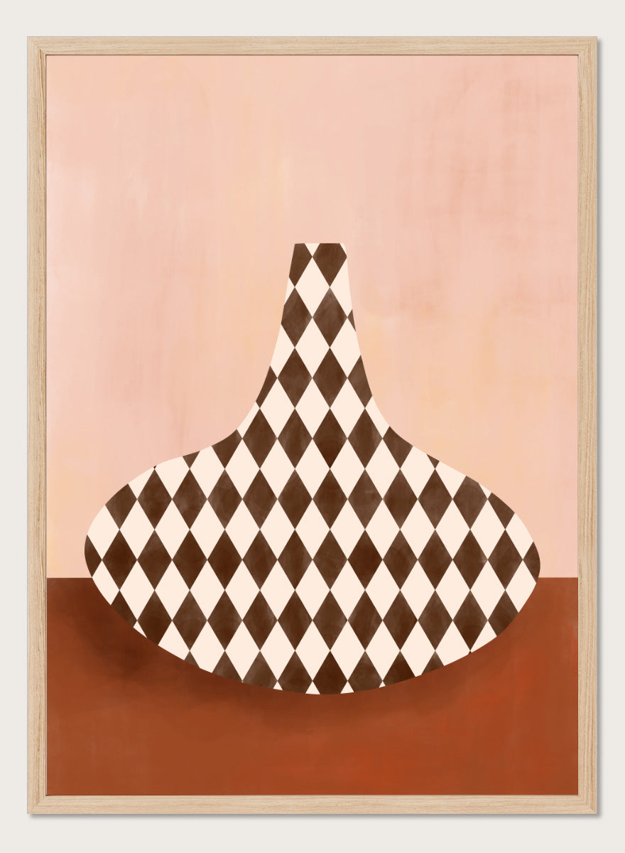 Shop Abstract Harlequin Vase by Elena Ristova, a modern wall art print poster featuring a brown-and-cream diamond vase against a soft pink background.