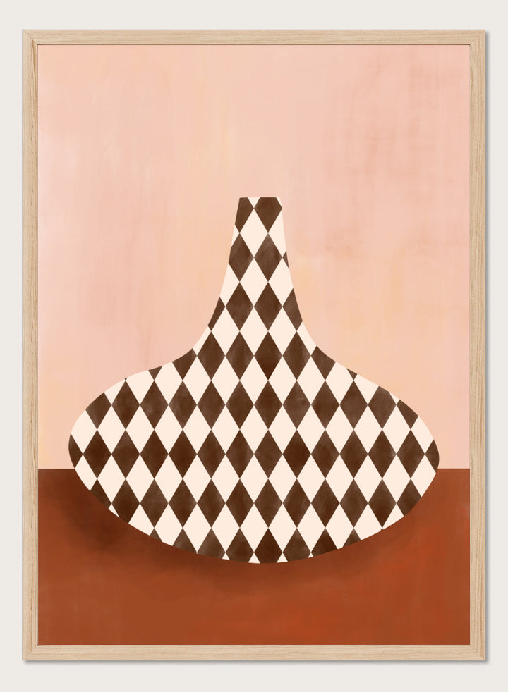 Shop Abstract Harlequin Vase by Elena Ristova, a modern wall art print poster featuring a brown-and-cream diamond vase against a soft pink background.