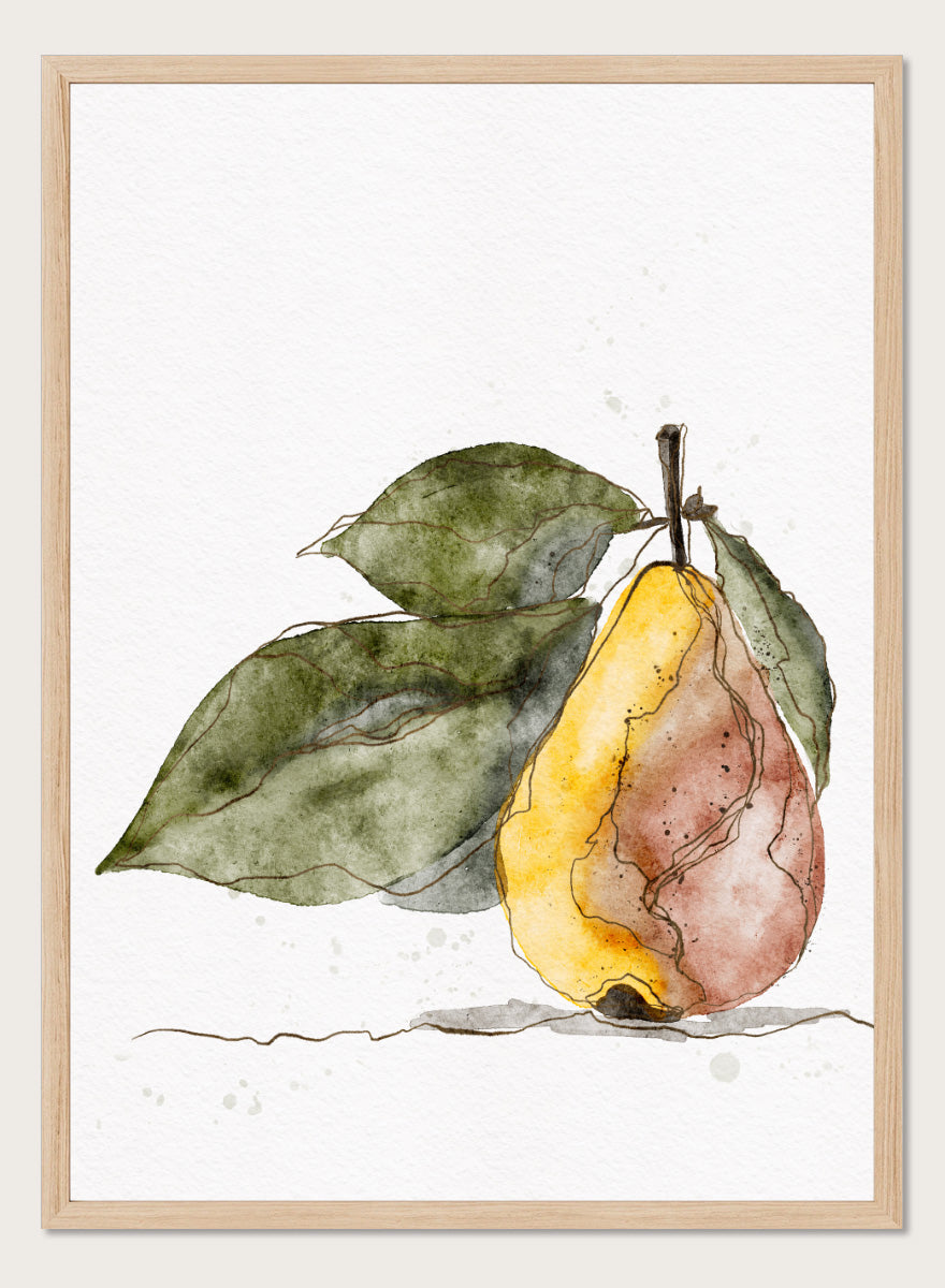 Watercolor painting of a pear with green leaves on a white background. Shop Earthy Pear Watercolor by Ankie Kooi, a botanical fruit wall art print poster featuring watercolor pear art, kitchen decor, green leaves, yellow, and pink.