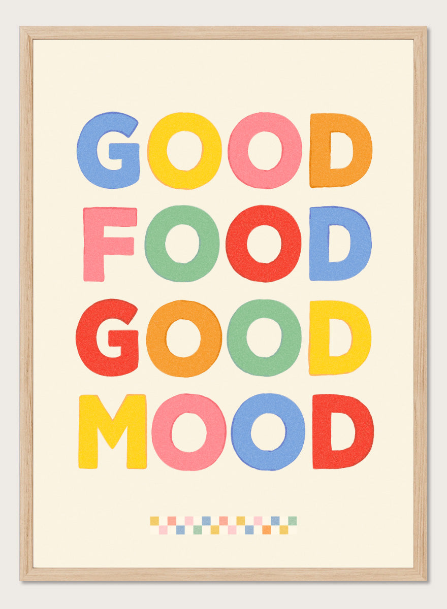 Shop Good Food Good Mood by Dominique Vari, a colorful kitchen wall art print poster featuring playful retro typography and a cheerful food-inspired message.