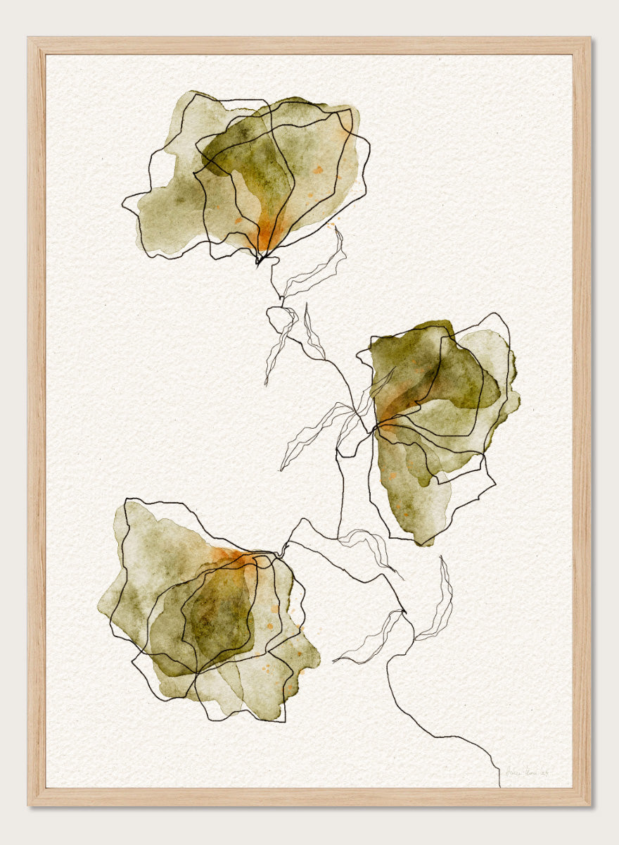 Abstract floral watercolor art print featuring three overlapping flower shapes in muted olive green, beige, and soft orange tones, outlined with fine black lines on a textured off-white background. Shop Green Watercolor Flowers by Ankie Kooi, an abstract floral wall art print poster with watercolor botanicals, minimalist line art, and green tones.
