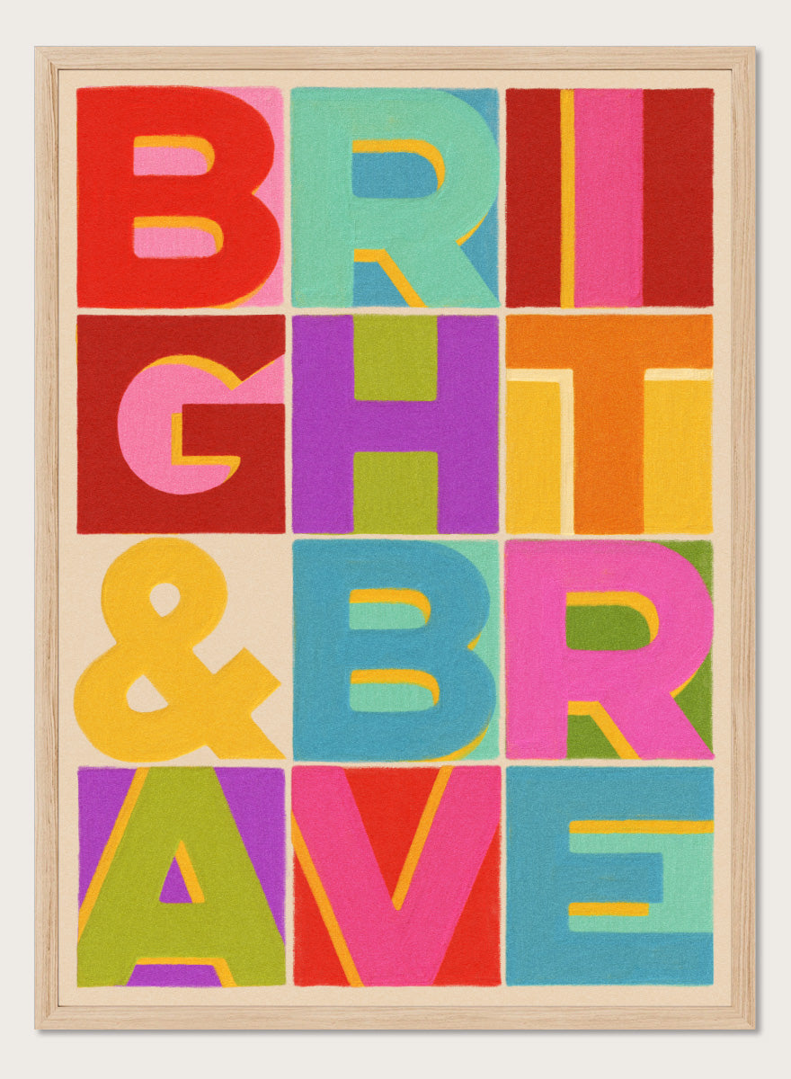 Shop Bright and Brave Letters by Dominique Vari, a colorful typography wall art print poster featuring bold retro lettering in pink, red, blue, green, and yellow.