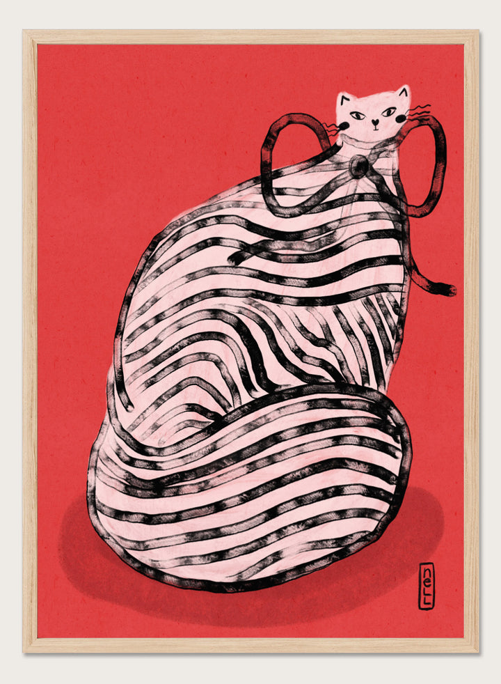 Illustration of a cat inside a ball of yarn on a red background. Black and White Striped Cat by Dirkie Nell is a playful cat art print featuring bold stripes and a red background. A colorful modern animal wall poster.