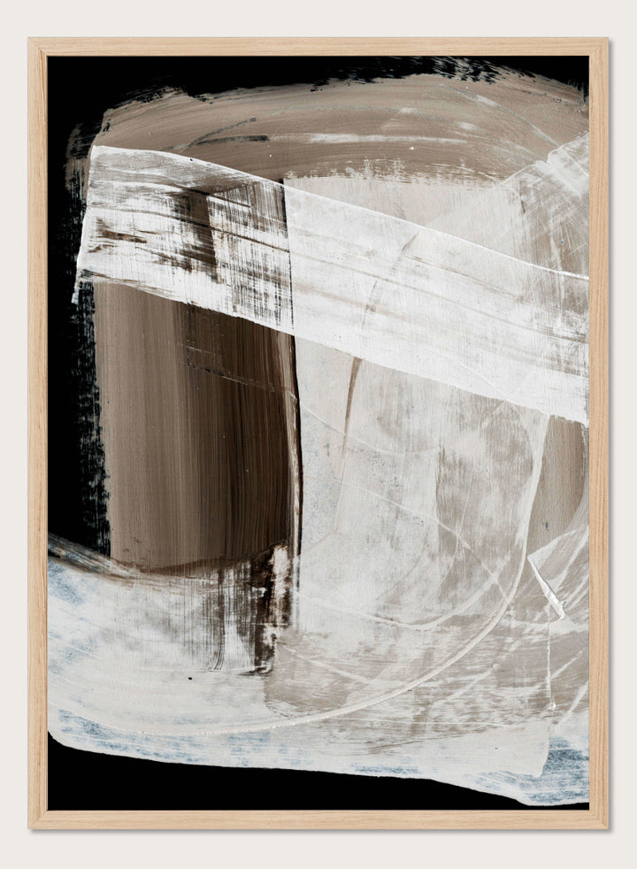 Shop Mind No.01 by Dan Hobday, an abstract wall art print poster featuring layered white brushwork, warm brown forms, and bold black contrast.
