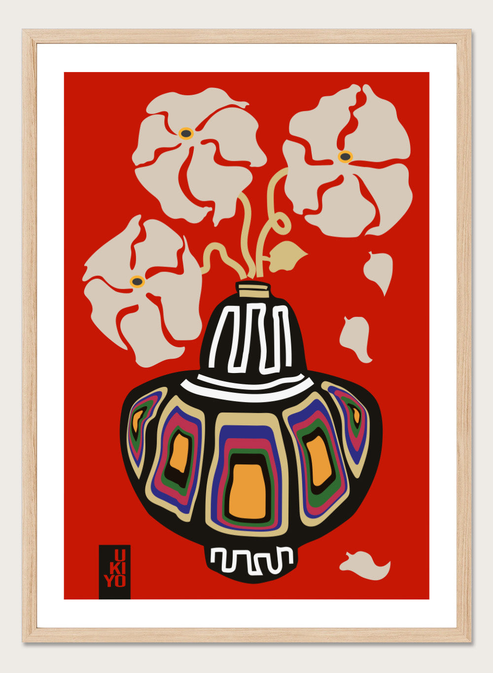 Decorative vase with colorful patterns on a red background. Ukiyo Vase Flower Rainbow Red by Frances Collett art print featuring a colorful patterned vase with cream flowers on a red background. Officially licensed wall poster with optional framing.